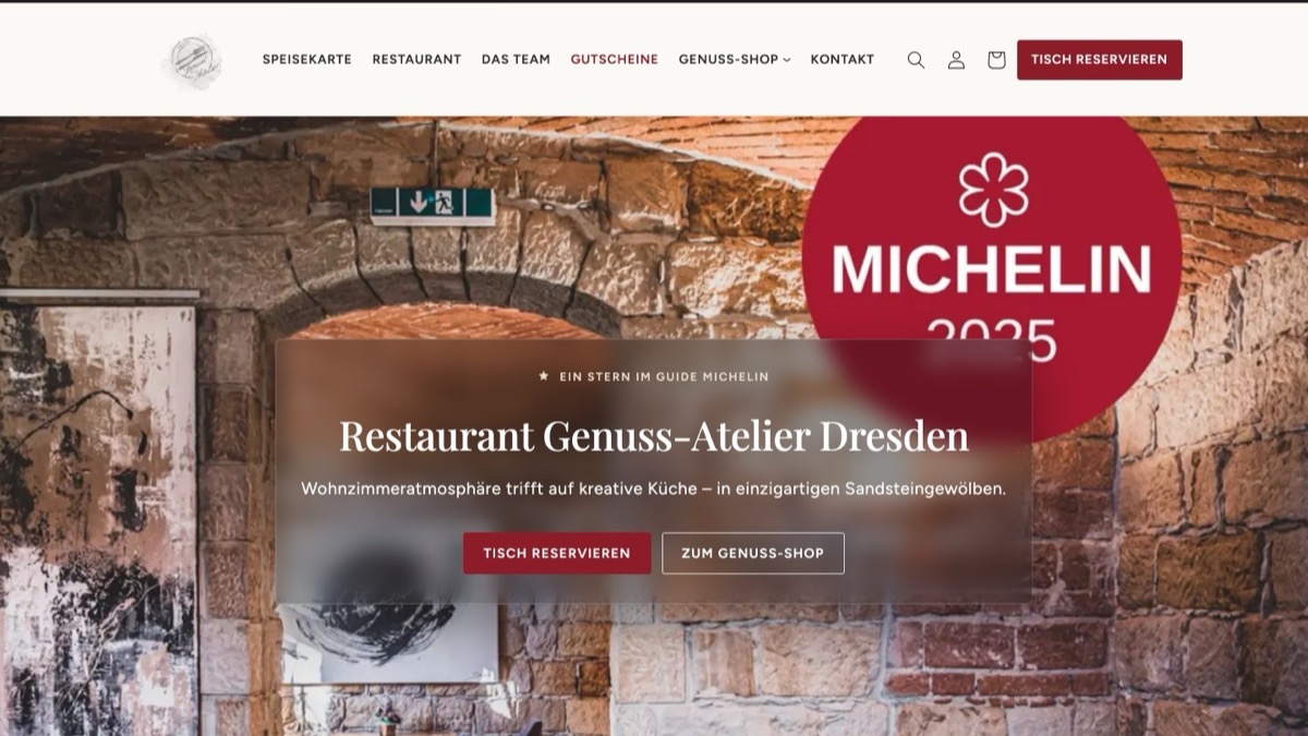 Website-Ansicht des Genuss-Atelier Dresden auf Desktop mit historischem Sandsteingewölbe