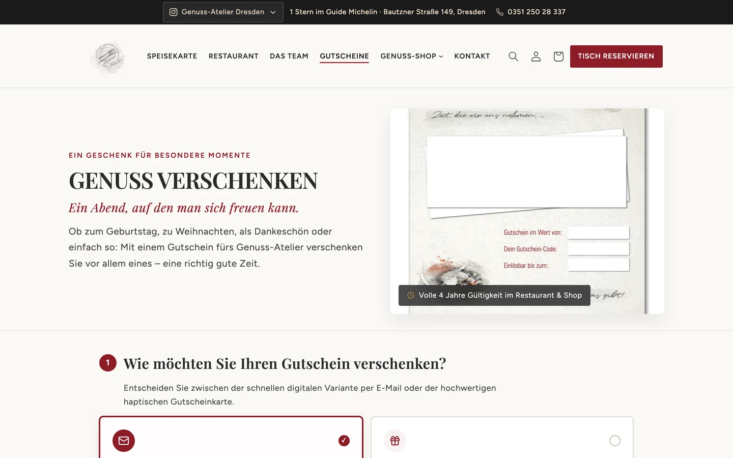 Gutschein- und Geschenkbox-Bereich im Onlineshop des Genuss-Atelier mit personalisierter Veredelung