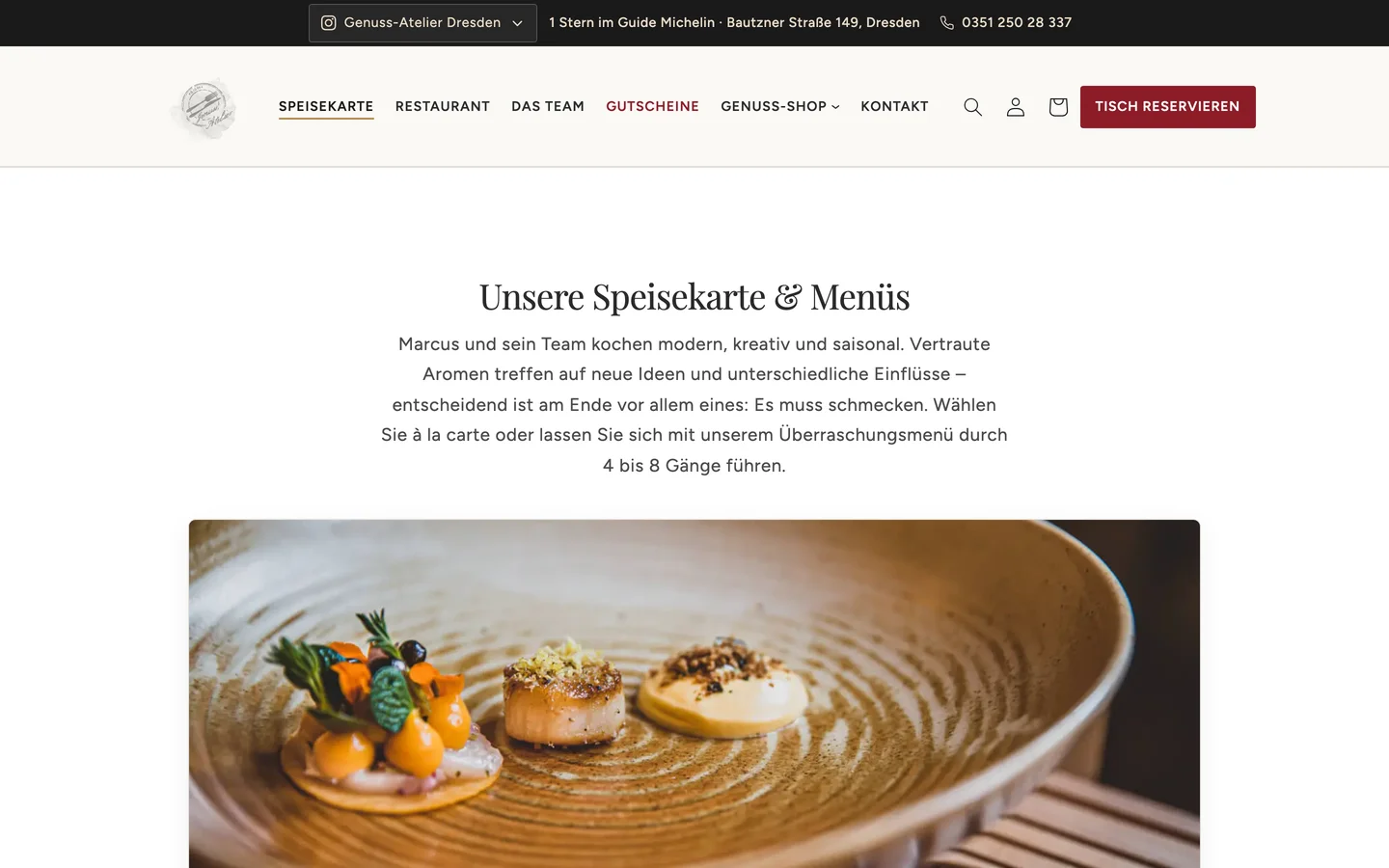 Desktop-Ansicht der Speisekarte im Genuss-Atelier: Menüstruktur und Gänge gepflegt über native Shopify Metaobjects